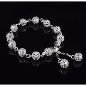 Luxury 925 Sterling Silver Filigree Sphere Chain Bracelet Dangle Charm 20CM